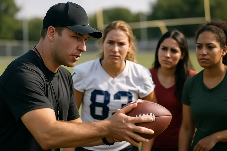 A coach explains football details to a group of women during a clinic