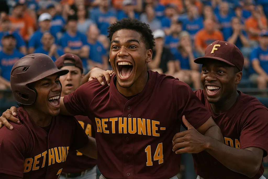 Bethune-Cookman upset celebration after a college baseball road win