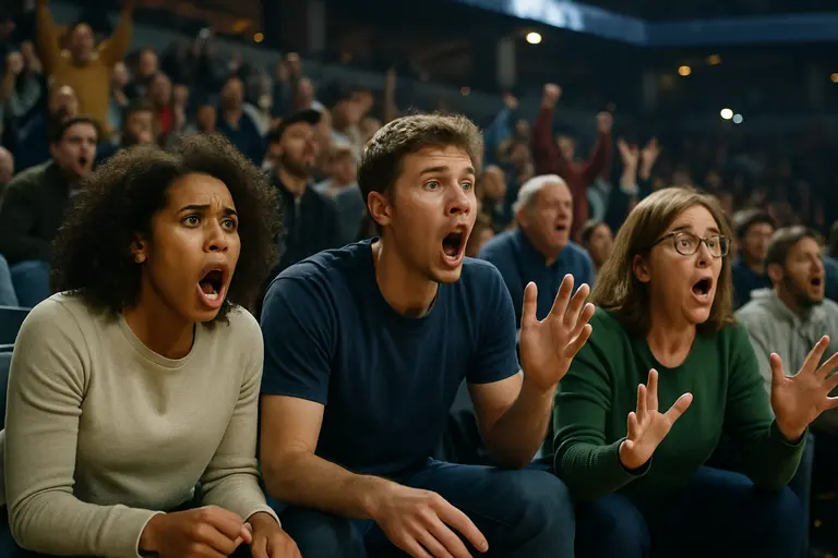 Fans reacting from arena seats during a tense basketball moment