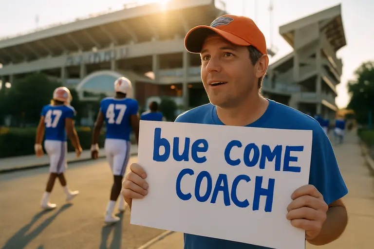 Florida coach addressing players during a sideline huddle