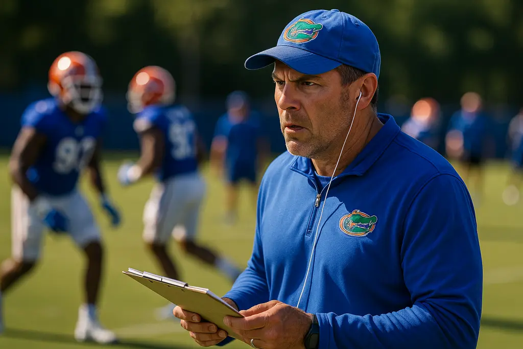 Florida Gators Special Teams players working through a kickoff coverage drill in Gainesville