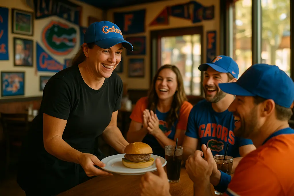 Gators football economy scene with fans walking toward Ben Hill Griffin Stadium