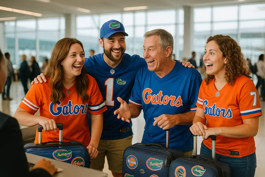 Gators Travel Logistics map with fans preparing for a Florida football road trip