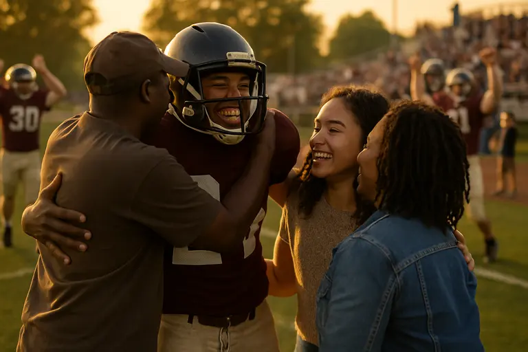 Families and students gathering near a high school football stadium