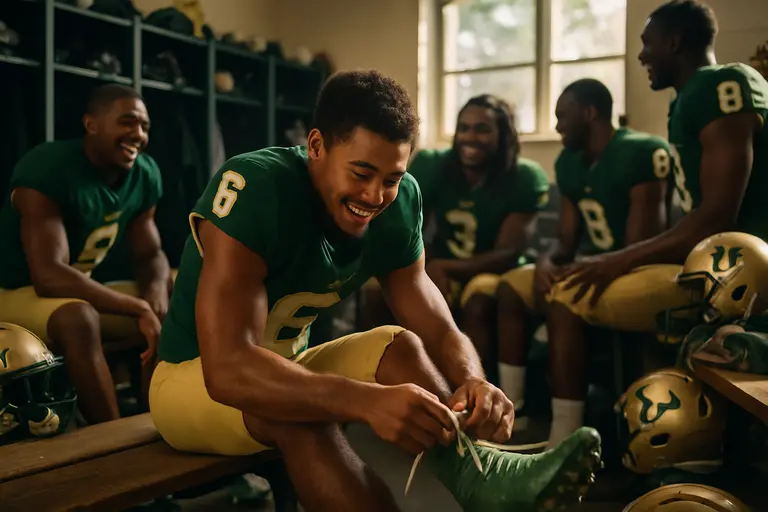 USF players gathered near the sideline during a football game