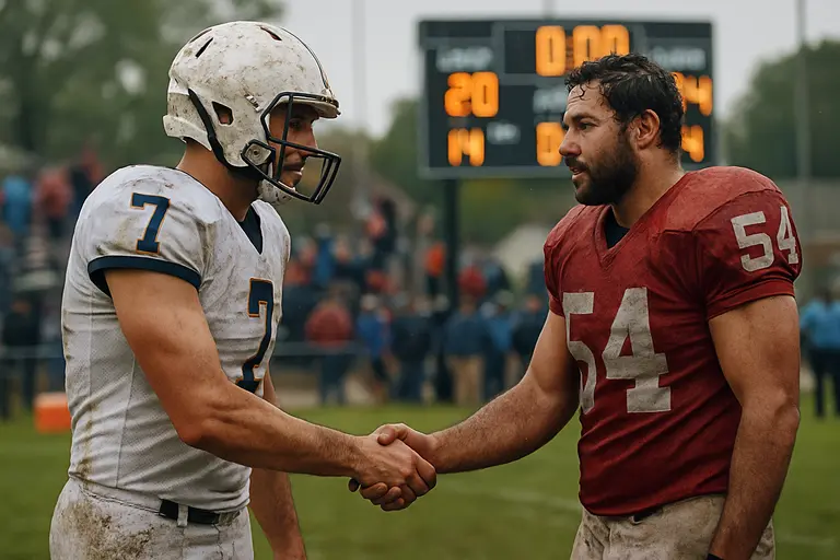 Players walking off a wet football field after a close night game