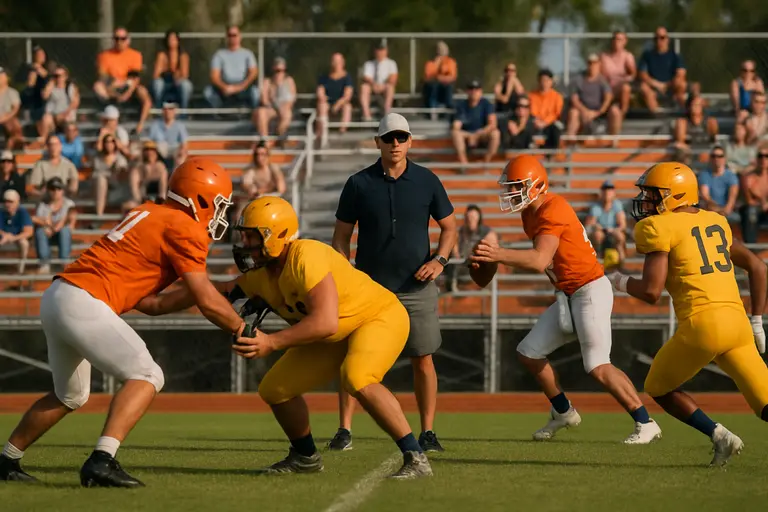 Florida high school football team huddling before a road game