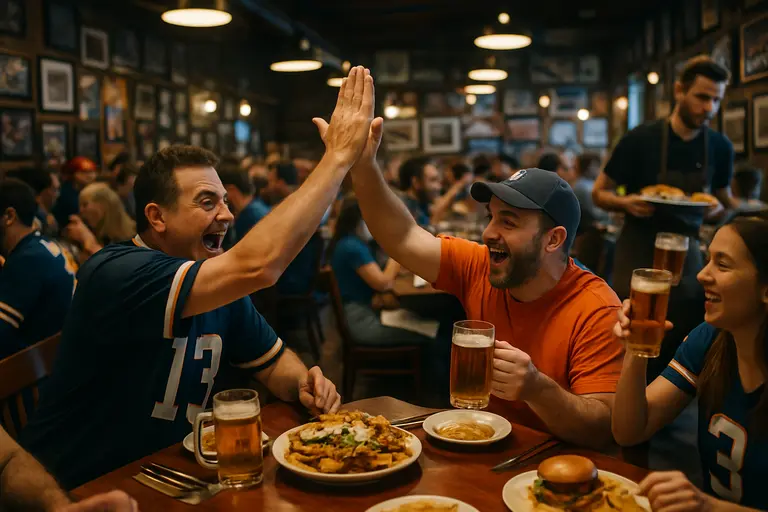 Restaurant staff serving fans in orange and blue on a busy Saturday