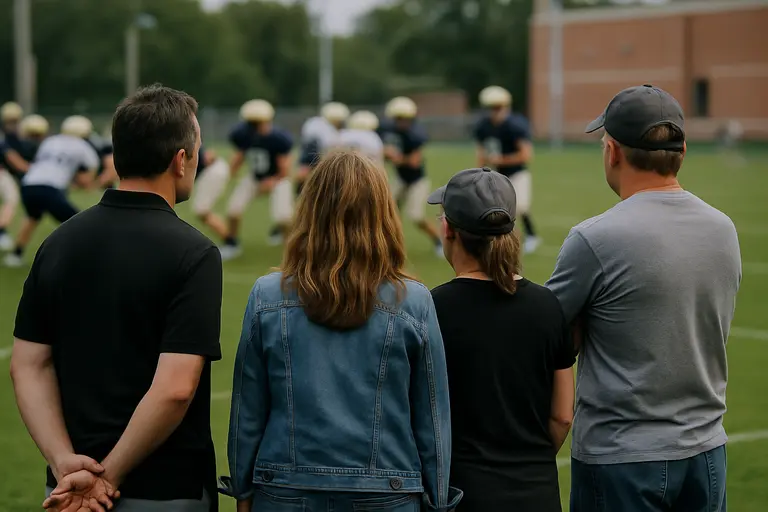 Parents watch a high school football practice from near the field