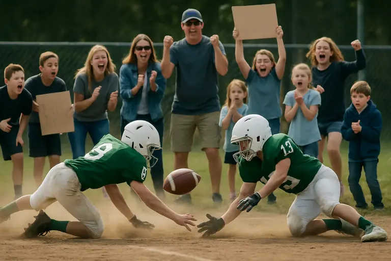 Younger football players running drills on a practice field