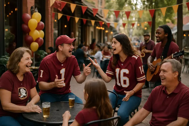 Fans with luggage pausing near an airport welcome area before a football weekend