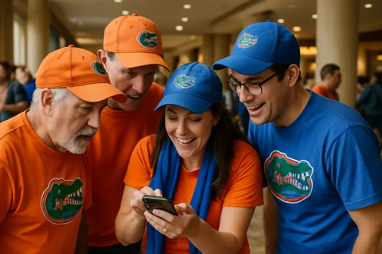 Florida football supporters walking toward a stadium on game day