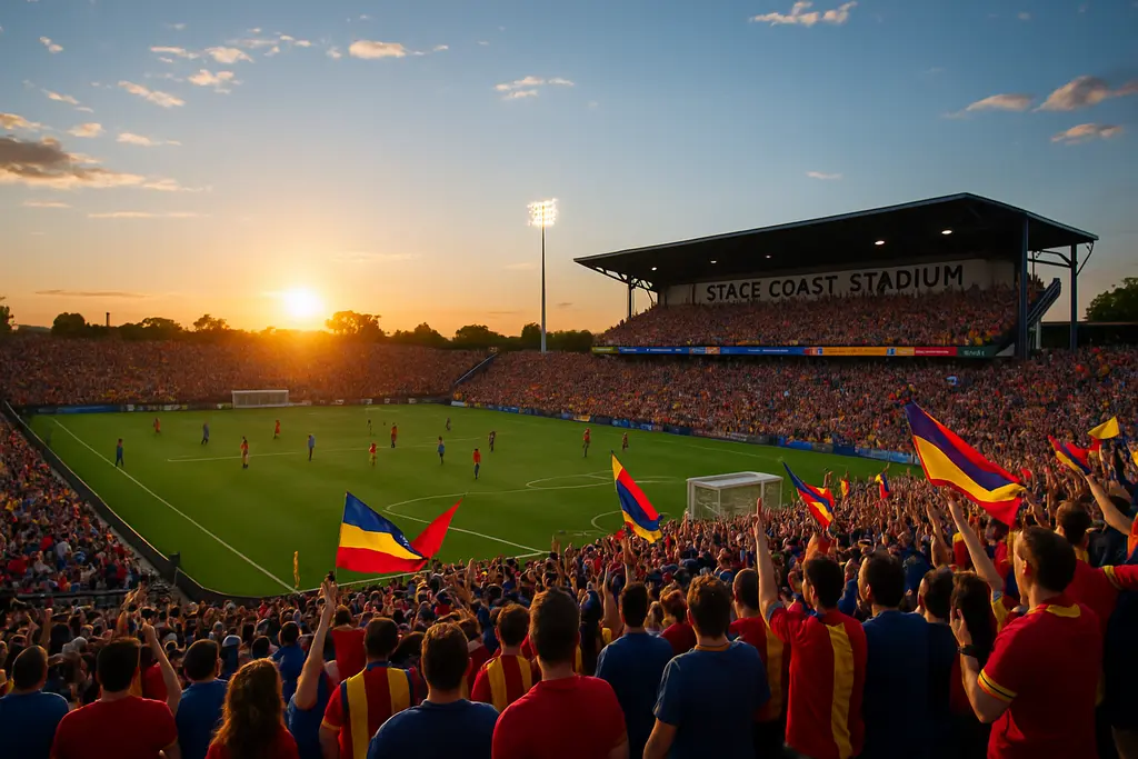 Space Coast soccer stadium concept near Melbourne with fans arriving for a local match