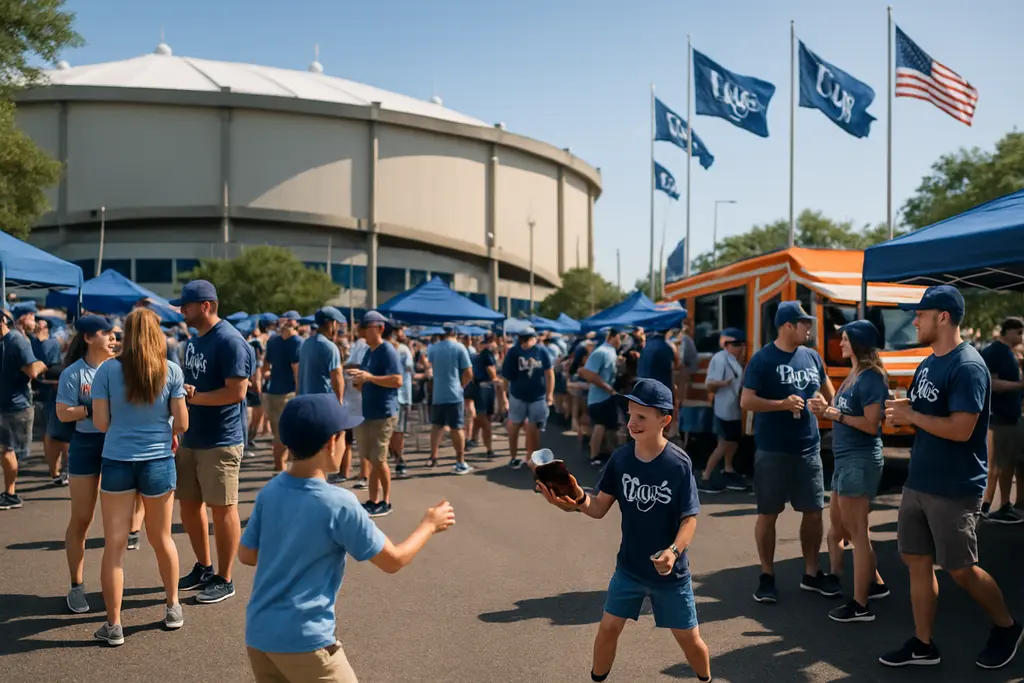 Tampa Bay Rays Stadium concept near fans walking through a Tampa sports district
