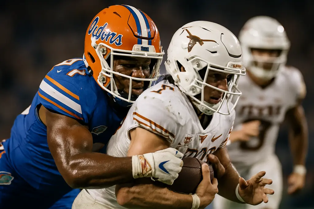 Florida Defense players close on a Texas ball carrier during a road football win