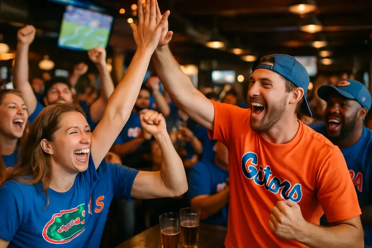 Florida fans filling a college football game-day street near campus