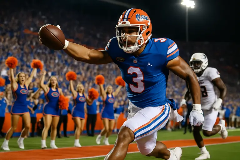 Florida offense lines up near midfield during a night game in Gainesville