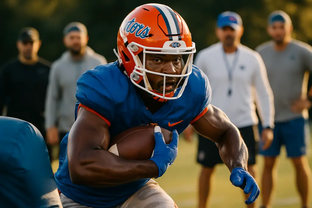 Florida Offensive Shift shown through a quarterback leading a practice rep in Gainesville