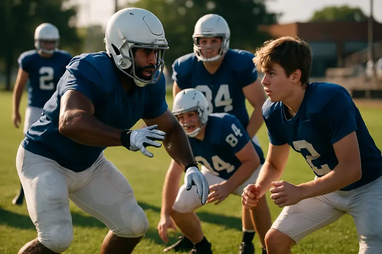 Football player stretching with trainers before a practice session