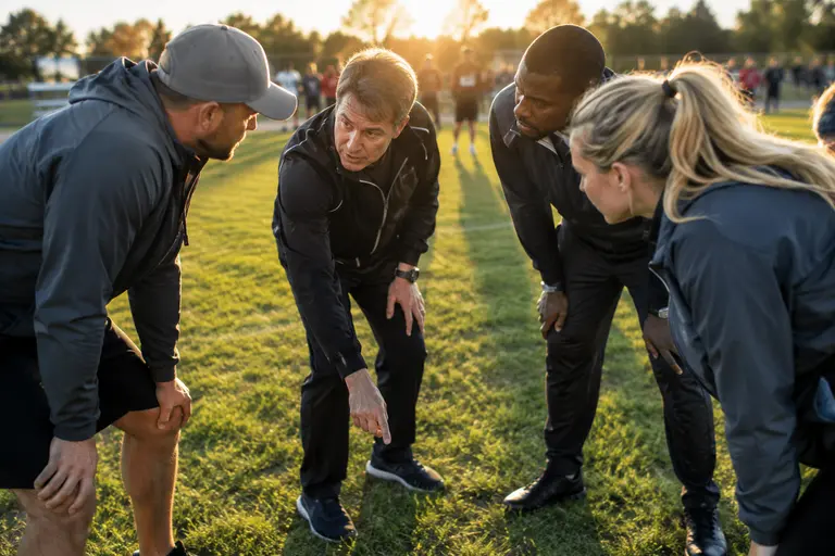 High school football players listening to coaches during a practice huddle