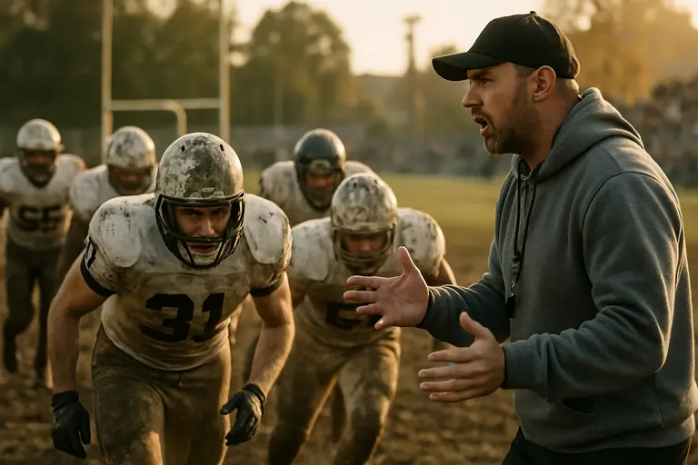 Teen football players run drills while coaches observe nearby